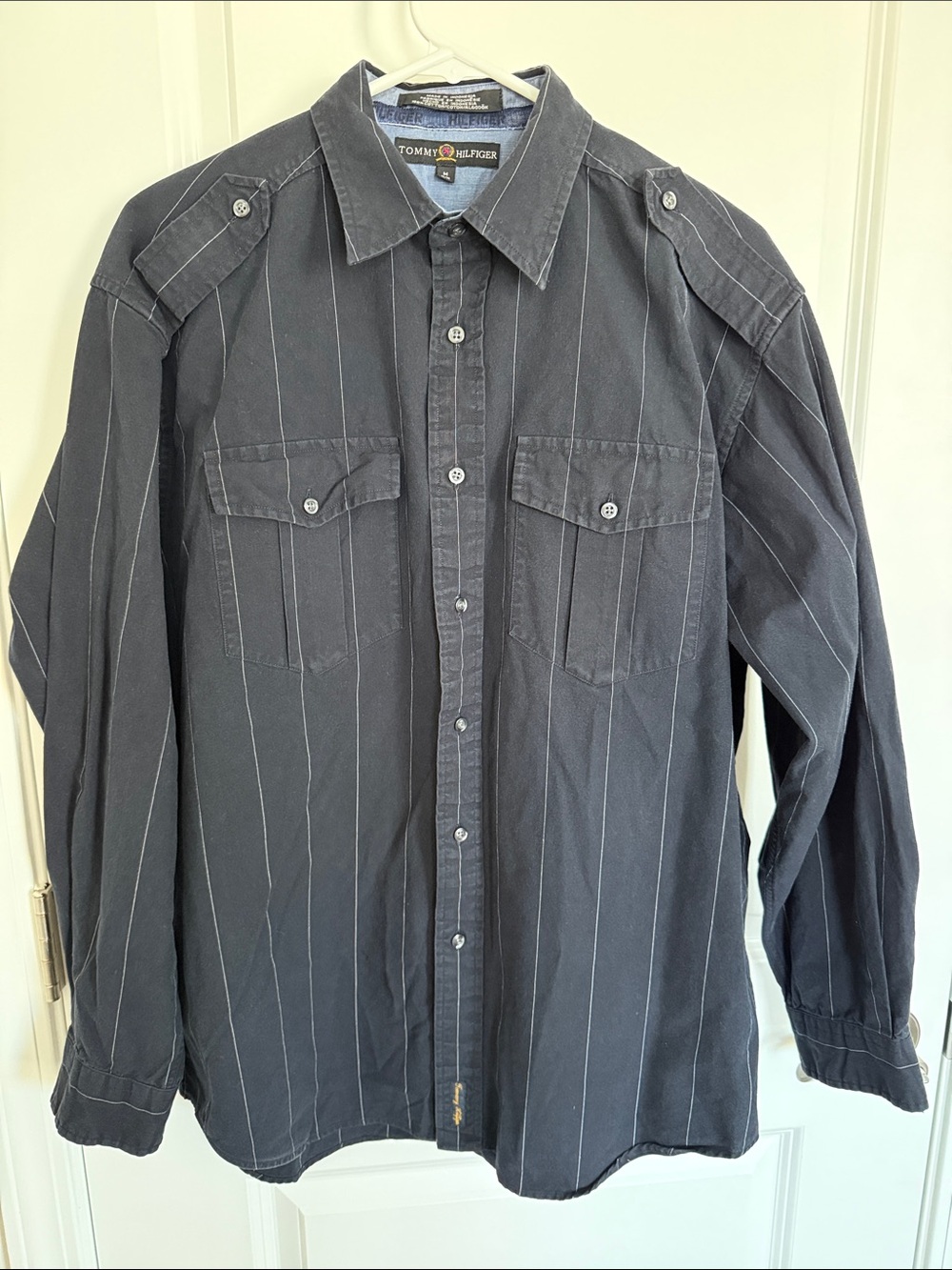 VTG!!!! Tommy Hilfiger Men's Dark Gray/Black  Pinstripe Button-Up Shirt Jacket